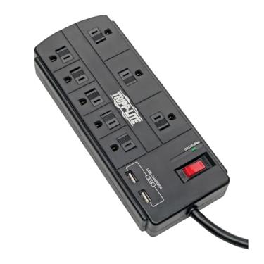Imagem de Tripp Lite Protetor contra surtos com carregamento USB, tira de energia com proteção contra surtos de 8 tomadas, 2 portas de carga USB, cabo de 2,4 m, 1200 joules, preto (TLP88USBB)