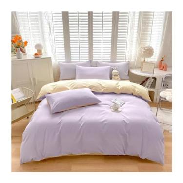 Imagem de Jogo de cama de algodão com 3 peças, duas cores lisas, estilo casal, capa de edredom, fronha, estilo europeu (solteiro roxo)