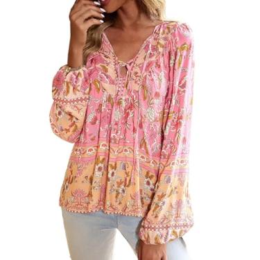 Imagem de Duobla Blusa feminina casual boho floral gola V manga longa cordão blusas primavera verão moda elegante túnica 2024, A-5-rosa, M