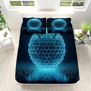 Imagem de Jogo de cama Queen azul com design geométrico de favo de mel de microfibra 40,6 cm com bolsos profundos, lençol de cima com 2 fronhas para meninas e meninos e crianças
