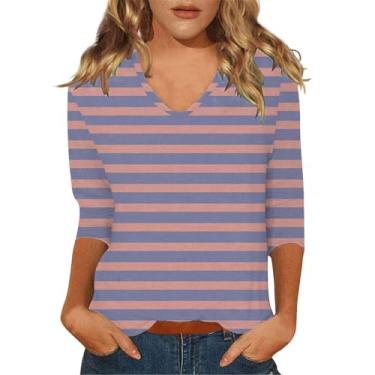Imagem de Camisetas femininas listradas, colorblock, gola V, manga 3/4, caimento solto, casual, túnica para treino, Vermelho melancia, M