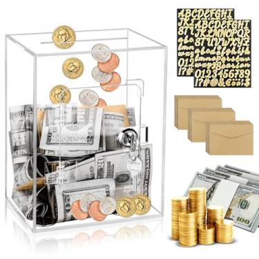 Imagem de Caixa de dinheiro transparente com cadeado para adultos e crianças, cofrinho grande de acrílico transparente, caixa econômica para dinheiro real (caixa de dinheiro transparente com adesivos)