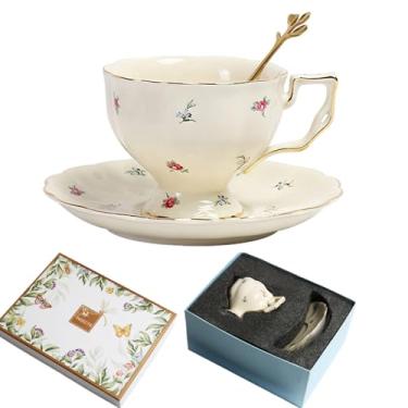 Imagem de Conjunto de xícara de chá e pires de porcelana, caneca de café de cerâmica de 250 ml com pires e colher, xícara de café vintage com acabamento dourado e caixa de presente para mãe, dia das mães,