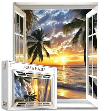 Imagem de Quebra-cabeças de paisagem marítima 1000 peças para adultos, famílias (mar, pôr do sol, plantas tropicais, coqueiro) peças se encaixam perfeitamente 40 x 70 cm paisagem emoldurável presente de arte de
