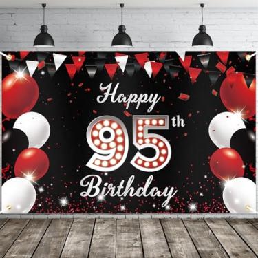 Imagem de JOYKY Banner de feliz aniversário de 95 anos, decoração de festa de aniversário de 95 anos vermelho preto para homens e mulheres, decoração de pano de fundo, 15 x 9 pés