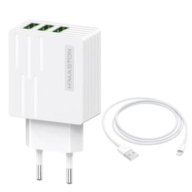 Imagem de H'MASTON Carregador Turbo USB Charger Carregadores De Celular com 3 USB Entrada 30w com 1 Metro Cabo (Y42-2-Lightning)