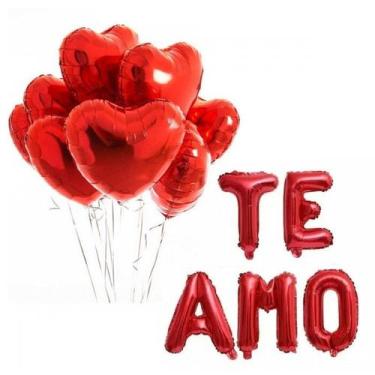 Imagem de Kit Balão Letra Te Amo + 5 Corações 45cm Vermelho para Dia Dos Namorad