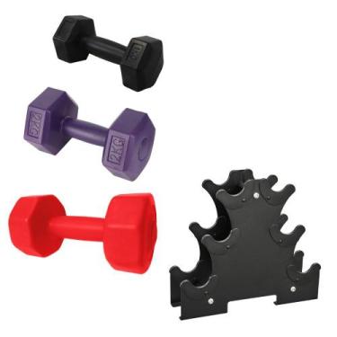 Imagem de Kit 3 Halteres Sextavados Peso Academia + Suporte 12kg - BONAFIT