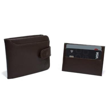 Imagem de Kit Carteira Couro Masculina Fecho Botao Pressao Repartiçoes Documento