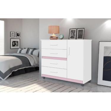Imagem de Cômoda Organizadora PR 4 Gavetas e 1 Porta Cor Branco / Rosa - SM