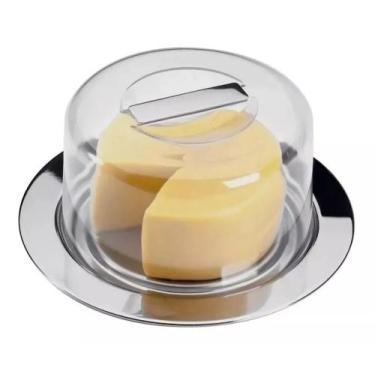 Imagem de Porta Queijo Inox Queijeira Redonda Com Tampa Acrílico Premium Suporte