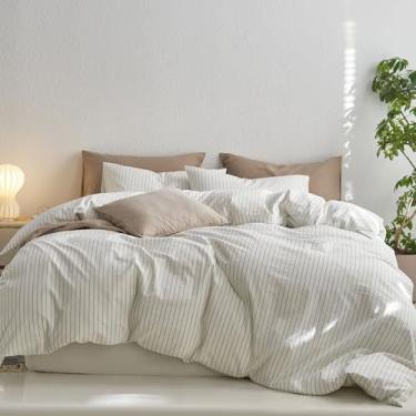 Imagem de MooMee Conjunto de capa de edredom listrado 100% algodão lavado como linho texturizado respirável durável macio confortável (listras largas verdes brancas sálvia, solteiro 172 x 228 cm)