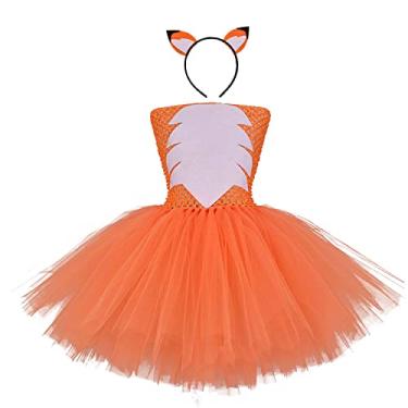 Imagem de Fantasia infantil de raposa laranja Halloween cosplay vestido bonito tema animal festa fantasia vestido princesa feito à mão tule tutu vestido de natal roupa de aniversário com faixa de cabeça de raposa conjunto de cauda raposa 18-24 meses