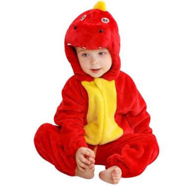 Imagem de HAHASHOW Macaquinho de inverno com capuz para bebê, macacão de flanela infantil, macacão infantil de desenho animado de Halloween, Dragão vermelho, 6-12 Meses