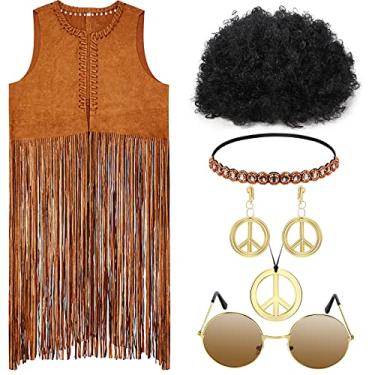 Imagem de Shihanee 6 peças de roupas femininas dos anos 60 e 70 para fantasia hippie de discoteca e acessórios hippie para festa dos anos 70, Principalmente marrom, ouro, preto, Large