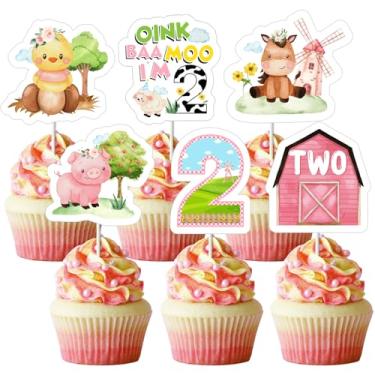 Imagem de JOYMEMO 24 Pieces Farm Animals 2nd Birthday Cupcake Toppers Pink - Farm 2nd Birthday Party Decorations Girl, Double Sided Oink Baa Moo I'M 2 Table Decor for Farmhouse Barnyard Second Birthday Party