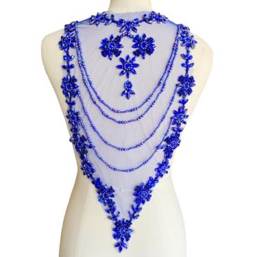 Imagem de Aplique de renda de strass feito à mão, costura, contas brilhantes, apliques de franja de cristal para roupas de vestido acessórios traseiros 25 x 53 cm (azul)