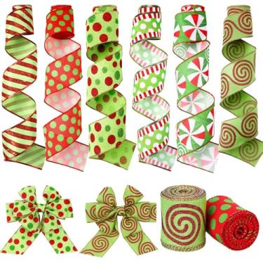 Imagem de Yinder 6 rolos de fita de bolinhas de Natal de 36 jardas vermelha e verde limão fita com fio de Natal 6 cm de largura fitas decorativas de Natal para decoração de árvore de artesanato faça você mesmo