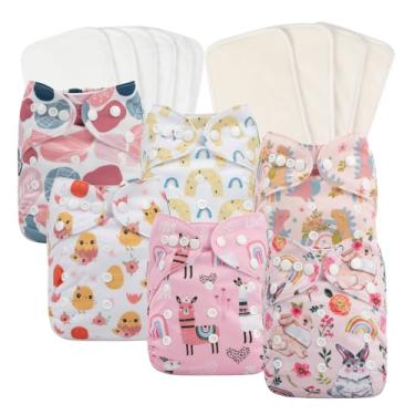 Imagem de babygoal Fraldas de pano reutilizáveis, pacote com 6 unidades com 10 peças de enchimento, tamanho único, capas de fraldas de bolso laváveis ajustáveis para bebês meninas e meninos 6FG25