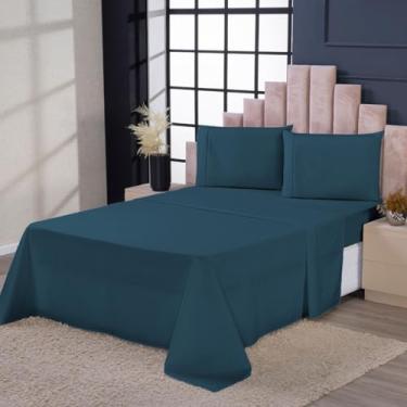 Imagem de Kit Roupa De Cama Jogo Completo Casal Padrão 400 Fios 4 Peças (Azul-petróleo)