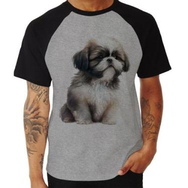 Imagem de Camiseta Raglan Cachorro Shih Tzu Filhote - Foca na Moda, Cinza, Preto