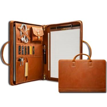 Imagem de GZRHKJ Pasta de Couro Genuíno, Organizador de Pasta com Alça, Pasta Personalizada, Pasta com Zíper para Homens E Mulheres, Adequada para Laptop de 15 Polegadas, Pasta de Bloco de Notas, Marrom