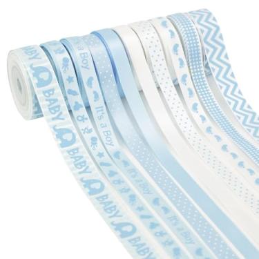 Imagem de HUIHUANG Fita azul bebê para chá de bebê - Fita de cetim de elefante com estampa de pé sortida para embrulho de presente, artesanato, bolo de fraldas, lembrancinha de aniversário - 5 jardas cada