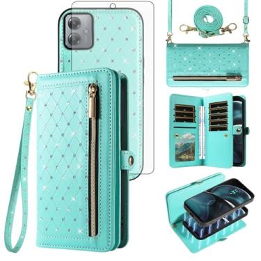 Imagem de Asuwish Capa de celular para Motorola Moto G14 com zíper carteira magnética destacável com protetor de tela de vidro temperado, alça transversal com glitter, flip com glitter, suporte para cartão de