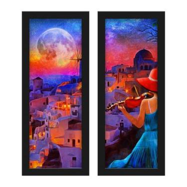 Imagem de Kit 2 Quadros Decorativos Lavabo Paisagem Lua Mulher Violino - Deliqua
