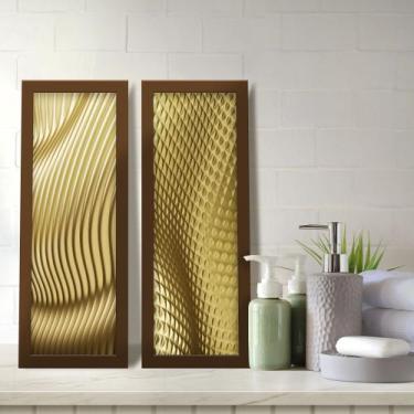 Imagem de Kit 2 Quadros Decorativos Lavabo Abstrato Dourado Ondas Moderno - Deli