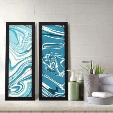 Imagem de Kit 2 Quadros Decorativos Lavabo Mármore Marmorizado Azul Bege Abstrat