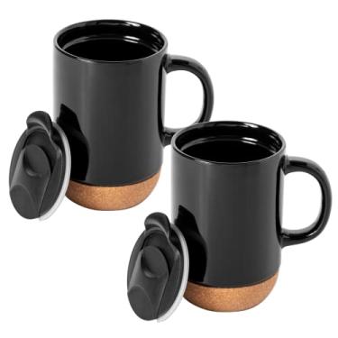 Imagem de Gibson Home Conjunto de 2 canecas de cerâmica grandes de 500 ml Modani com fundo de cortiça removível e tampa – Preto