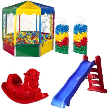 Imagem de Kit Piscina de Bolinhas 2,00m Oitavada c/ 1000 Bolinhas Escorregador Médio Gangorra 1 Lugar