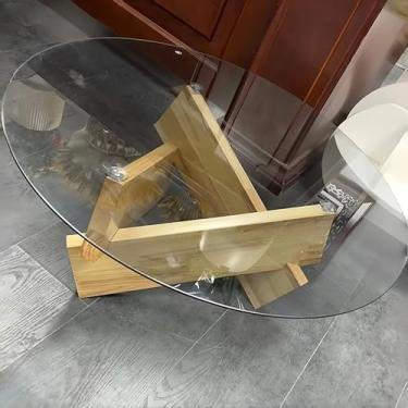Imagem de Mesa de centro moderna redonda de vidro com base de madeira, 91 cm (vidro transparente + pernas de madeira)