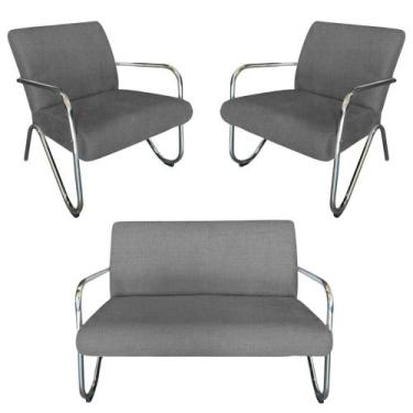 Imagem de Kit Namoradeira + 2 Poltronas Decorativa Bela Linho Cinza Braço Cromad