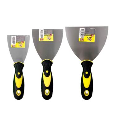 Imagem de Kit Espátula de Aço Polido Cabo Emborrachado 5, 4, 3 Polegadas Profissional Multiuso Para Massa Gesso e Acabamentos Premium