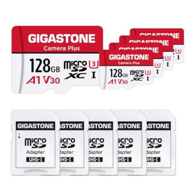 Imagem de Pacote com 5 cartões micro SD de 128 GB da GIGASTONE, Camera Plus, cartão de memória MicroSDHC para GoPro, Wyze Cam, Roku, gravação de vídeo Full HD, UHS-I U1 A1 Classe 10, até 100 MB/s, com adaptador