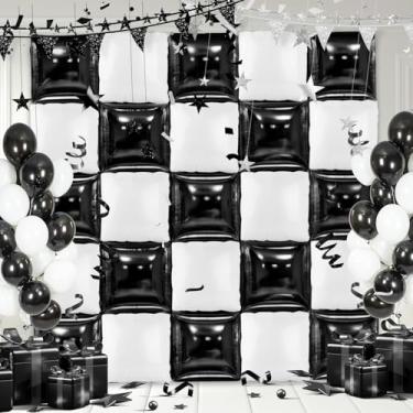 Imagem de MEMOVAN Black White Square Foil Balloons Wall Double Sided Checkered Balloon Backdrop Balloons Arch Garland Black White Checkered Balloon Backdrop for Racing Themed Birthday Wedding Baby Shower 25pcs