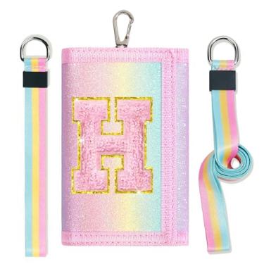 Imagem de cotmcor Carteiras infantis para meninas, adolescentes, 6-8, 8-10 anos, linda bolsa infantil com inicial de rebanho, bolso para moedas, glitter, arco-íris, carteira transversal para presentes de