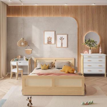 Imagem de Cama Infantil Montessoriano Casal Lift em Madeira Maciça com Rattan Casatema