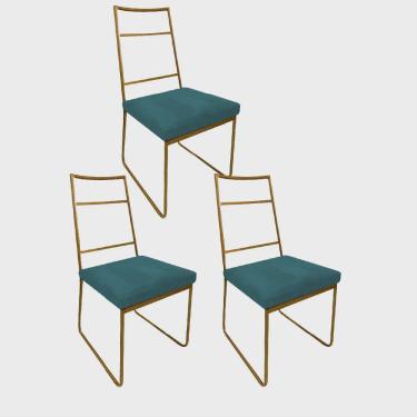 Imagem de Kit 03 Cadeiras Sala de Jantar Escritório Office Stark Industrial Ferro Dourado Suede Azul Turquesa - Ahz Móveis