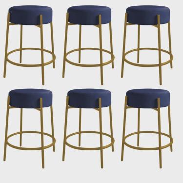 Imagem de Kit 06 Banquetas Alta Sintra 65cm Redonda Ferro Dourado Suede Azul Marinho - Ahazzo Móveis