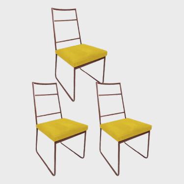 Imagem de Kit 03 Cadeiras Sala de Jantar Escritório Office Stark Industrial Ferro Bronze Corino Amarelo - Ahz Móveis