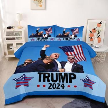 Imagem de CCoutueChen Conjunto de edredom com bandeira de Trump, cama king de Donald Trump, azul para meninos e mulheres, decoração de quarto Trump 2024, conjunto de colcha leve de verão com 3 peças