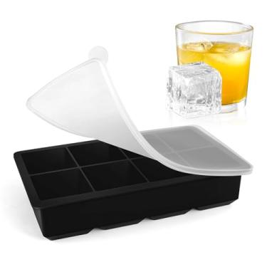 Imagem de Bandeja grande para cubos de gelo com tampas, molde quadrado grande de silicone para freezer, máquina de gelo em cubos enormes de 5 cm para uísque, coquetéis, caldo congelado, arroz, sobras e muito