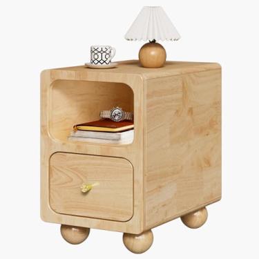 Imagem de Mesa de cabeceira de madeira maciça, mesa de cabeceira estreita com gavetas, mesa de cabeceira moderna natural de meados do século, pequena mesa ao lado com prateleira de armazenamento aberta para