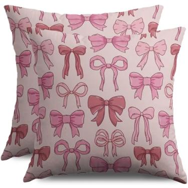 Imagem de Conjunto de 2 capas de almofada com laço rosa, 45,7 x 45,7 cm, decoração de quarto de meninas, decoração de casa de fazenda, capas de almofada para ambientes externos, sofá-cama