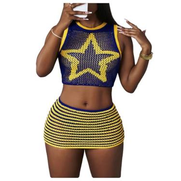 Imagem de GORGLITTER Conjunto de 2 peças de saias de crochê femininas com estampa de estrelas de verão e saias curtas colado ao corpo, Azul e amarelo, M