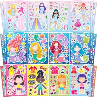 Imagem de iGetooy 24 folhas de adesivos faça um rosto para crianças, faça suas próprias folhas de adesivos com princesa e sereia, lembrancinhas de festa de artesanato para crianças