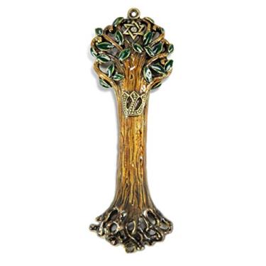 Imagem de Capa Mezuzah | Capa Mezuzah | Design de textura de madeira da árvore da vida e feito em latão 10 cm para casas judaicas | Cor do arco-íris (marrom | verde) | Não inclui rolagem ou oração